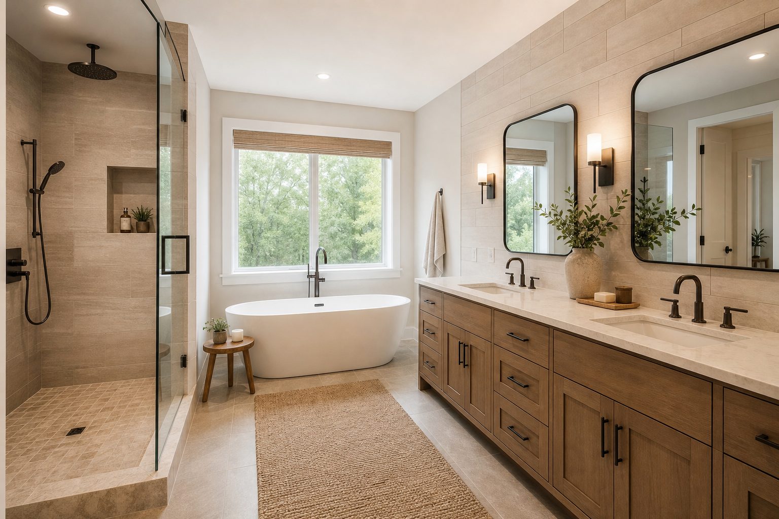 Concept image of a remodeled bathroom with a tiled walk-in shower