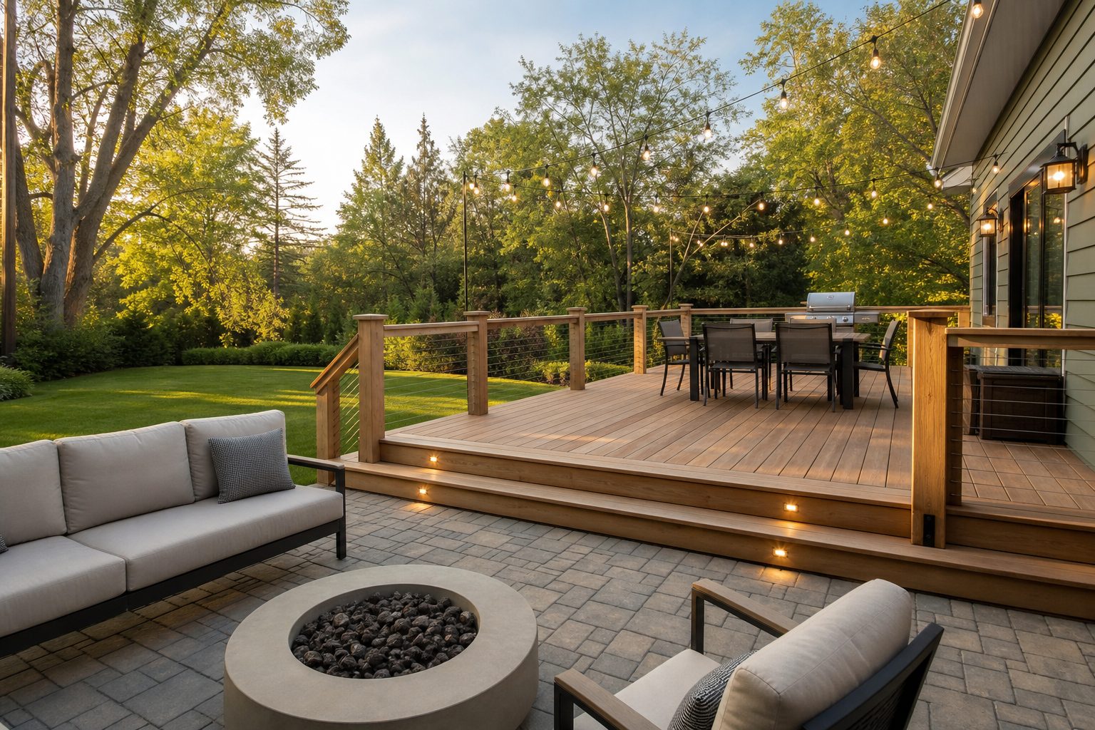 Concept image of a newly built deck and paver patio