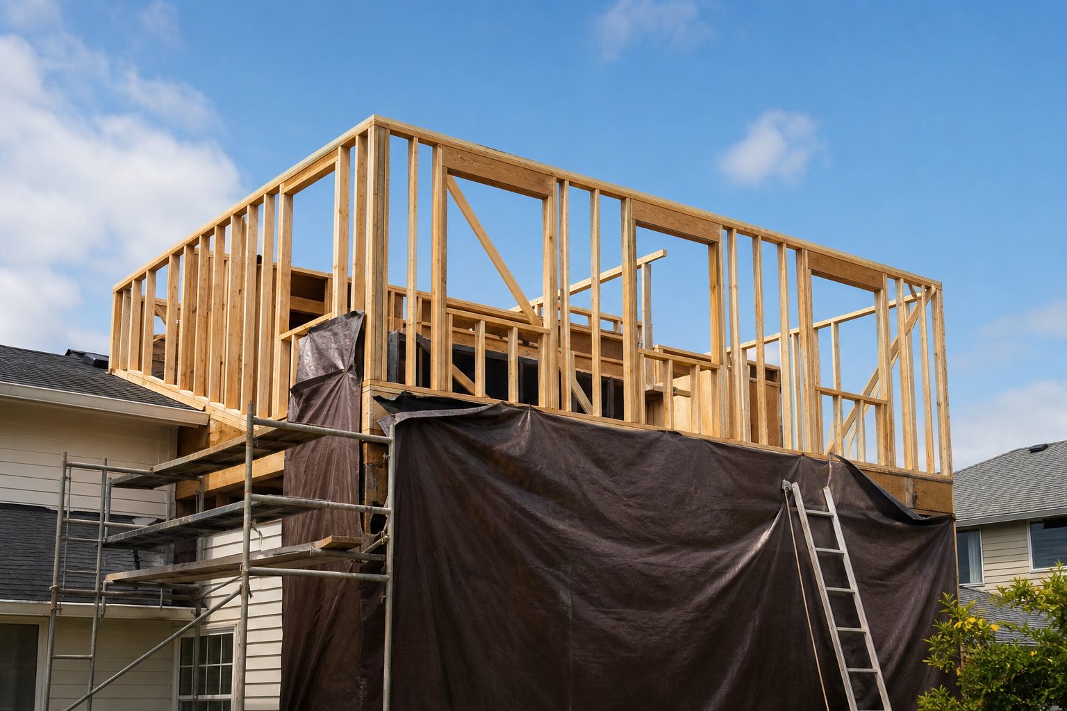 Concept image of a second-story home addition mid-framing stage