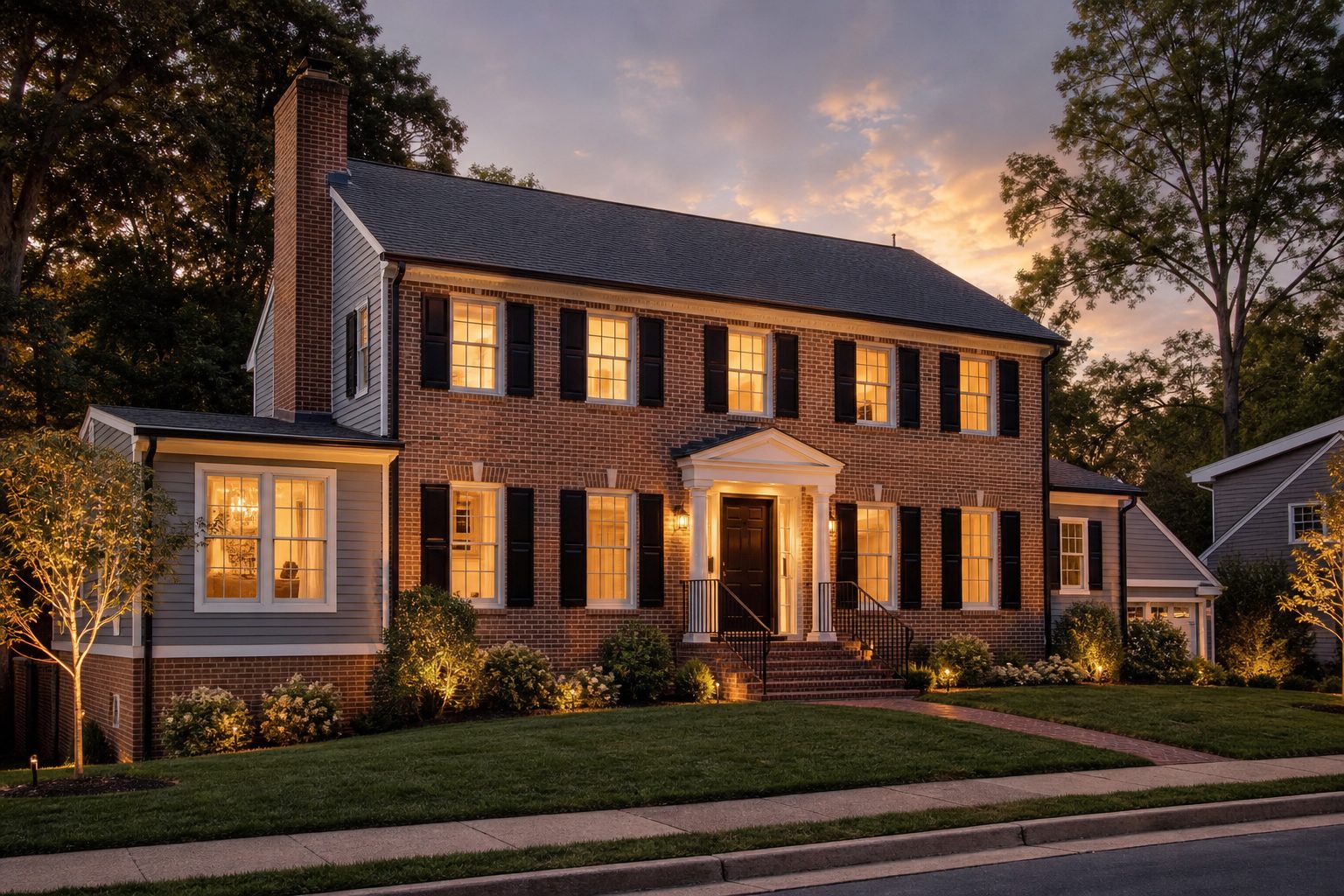 Concept image of a renovated Northern Virginia colonial-style home exterior at dusk