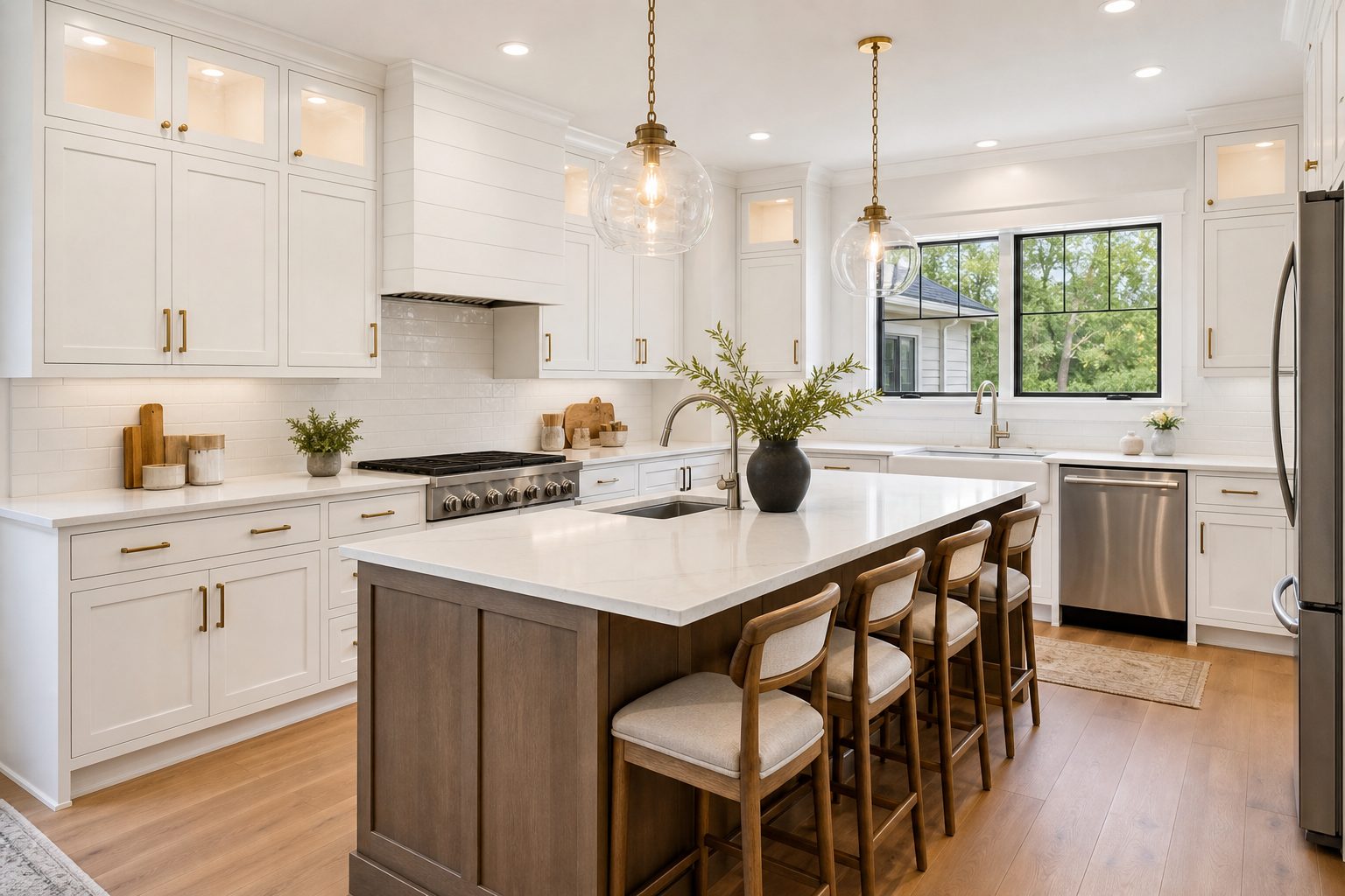 Concept image of a remodeled kitchen with white shaker cabinets and a large island